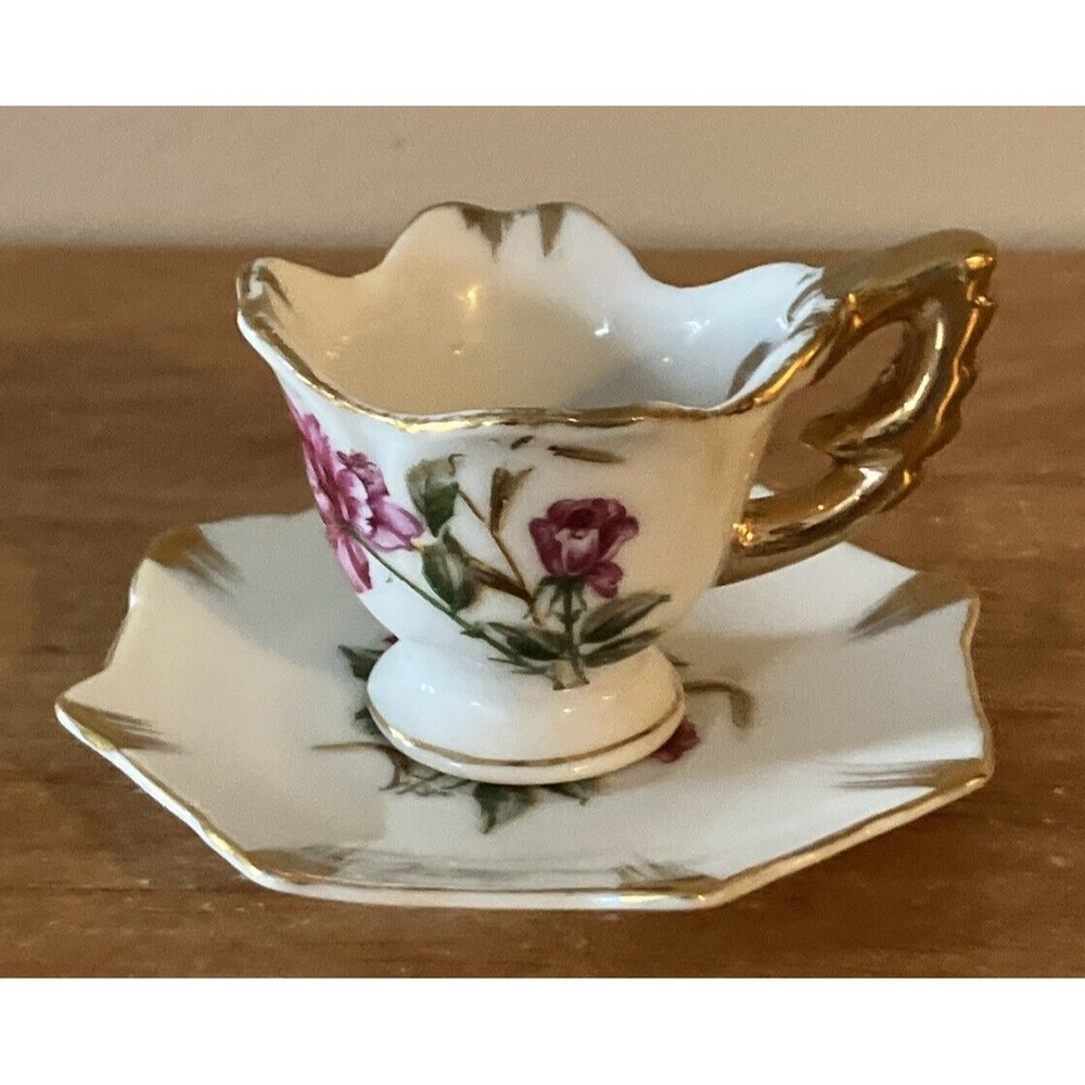 Vintage Miniature ENESCO Japan Floral Demitasse Teacup & Saucer w/Gold Gilding